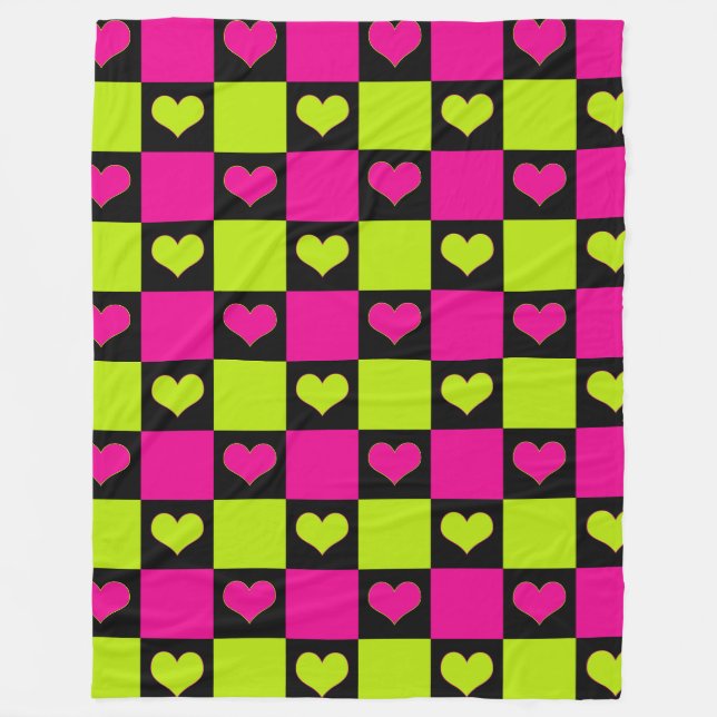 Checkerboard Hearts - Lime Green, Hot Pink & Black Fleece Blanket (Front)