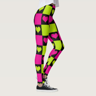 Checkerboard Hearts - Lime Green, Hot Pink & Black Leggings