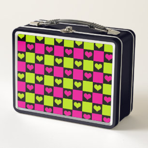 Checkerboard Hearts - Lime Green, Hot Pink & Black Metal Lunch Box
