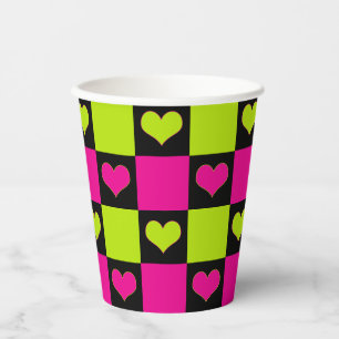 Checkerboard Hearts - Lime Green, Hot Pink & Black Paper Cups