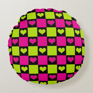 Checkerboard Hearts - Lime Green, Hot Pink & Black Round Pillow