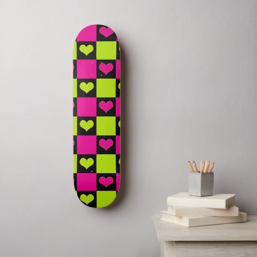 Checkerboard Hearts _ Lime Green Hot Pink  Black Skateboard