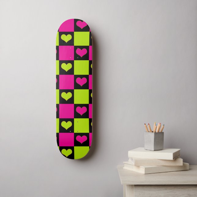 Checkerboard Hearts - Lime Green, Hot Pink & Black Skateboard (Wall Art)