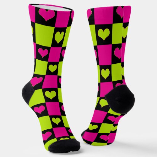 Checkerboard Hearts _ Lime Green Hot Pink  Black Socks