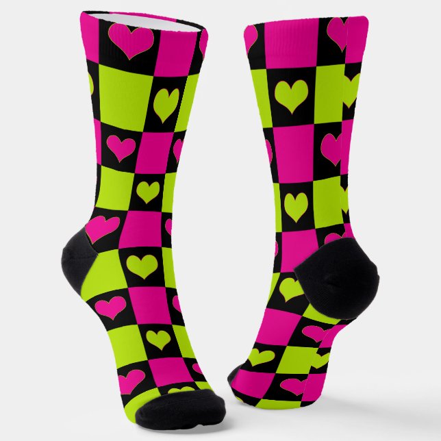 Checkerboard Hearts - Lime Green, Hot Pink & Black Socks (Angled)