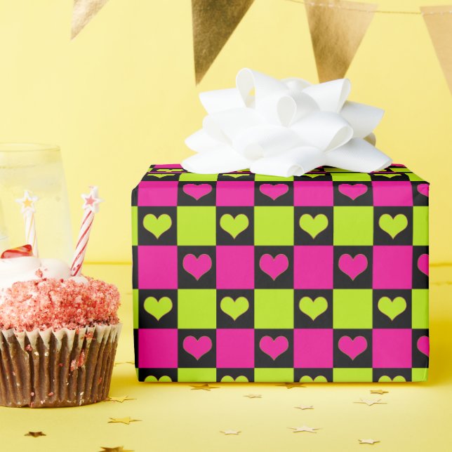 Checkerboard Hearts - Lime Green, Hot Pink & Black Wrapping Paper (Birthday Party)