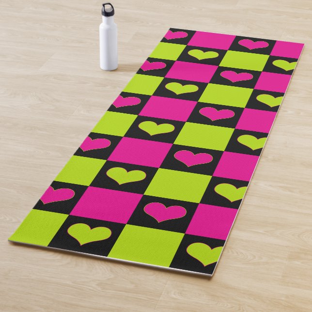 Checkerboard Hearts - Lime Green, Hot Pink & Black Yoga Mat (In Situ)