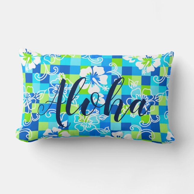 Checkerboard Hibiscus Hawaiian Floral Aloha Lumbar Pillow (Front)
