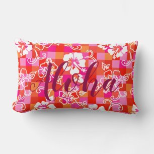 Checkerboard Hibiscus Hawaiian Floral Aloha Lumbar Pillow