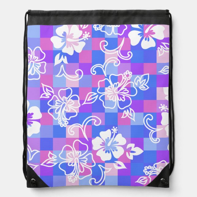 Checkerboard Hibiscus Hawaiian Floral Drawstring Bag (Front)