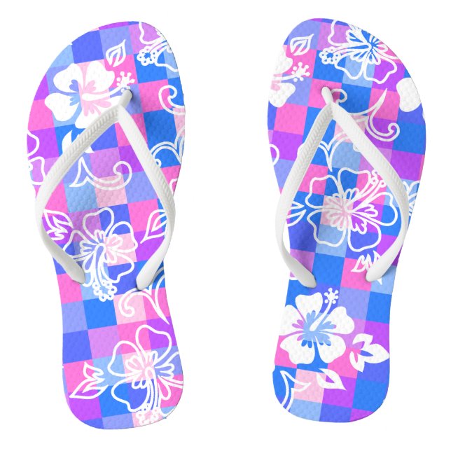 Checkerboard Hibiscus Hawaiian Floral Flip Flops (Footbed)