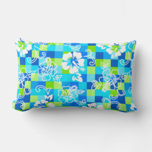 Checkerboard Hibiscus Hawaiian Floral Lumbar Pillow
