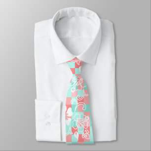 Checkerboard Hibiscus Hawaiian Floral- Mint Neck Tie