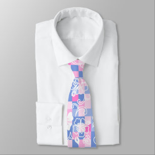 Checkerboard Hibiscus Hawaiian Floral- Peri Pink Neck Tie