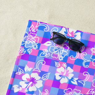Checkerboard Hibiscus Hawaiian Floral - Periwinkle Beach Towel