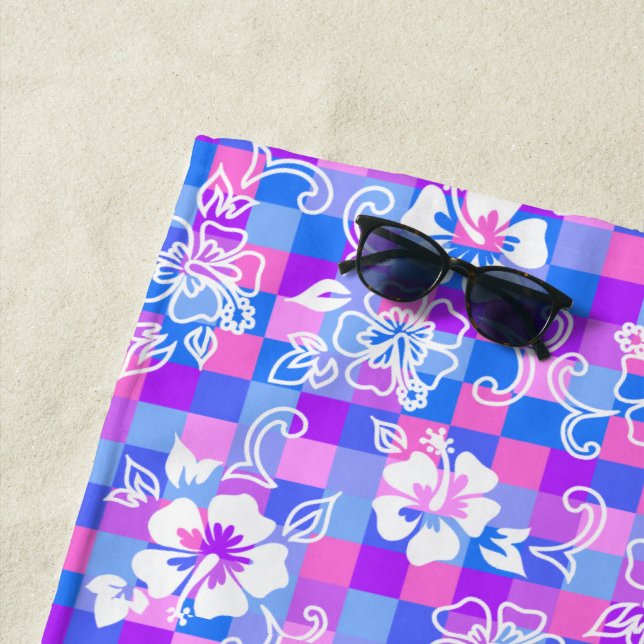 Checkerboard Hibiscus Hawaiian Floral - Periwinkle Beach Towel (In Situ)