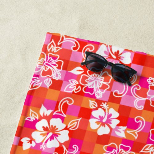 Checkerboard Hibiscus Hawaiian Floral _ Red Beach Towel