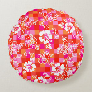 Checkerboard Hibiscus Hawaiian Floral Round Pillow