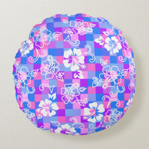 Checkerboard Hibiscus Hawaiian Floral Round Pillow