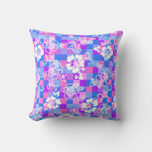 Checkerboard Hibiscus Hawaiian Floral Throw Pillow