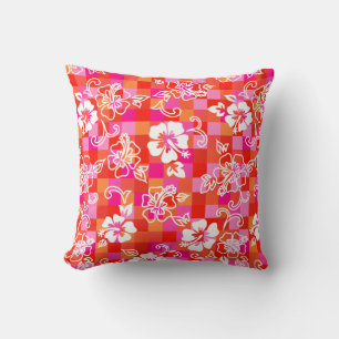 Checkerboard Hibiscus Hawaiian Floral Throw Pillow