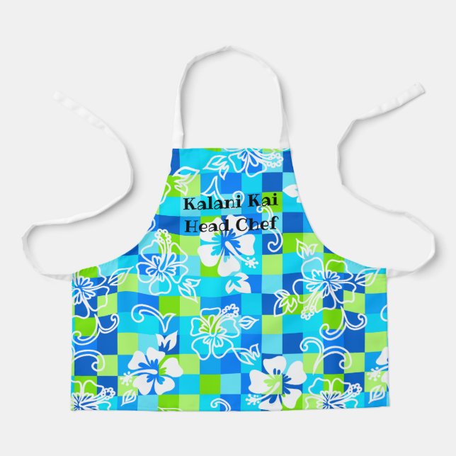 Checkerboard Hibiscus Hawaiian Floral Turquoise Apron (Front)