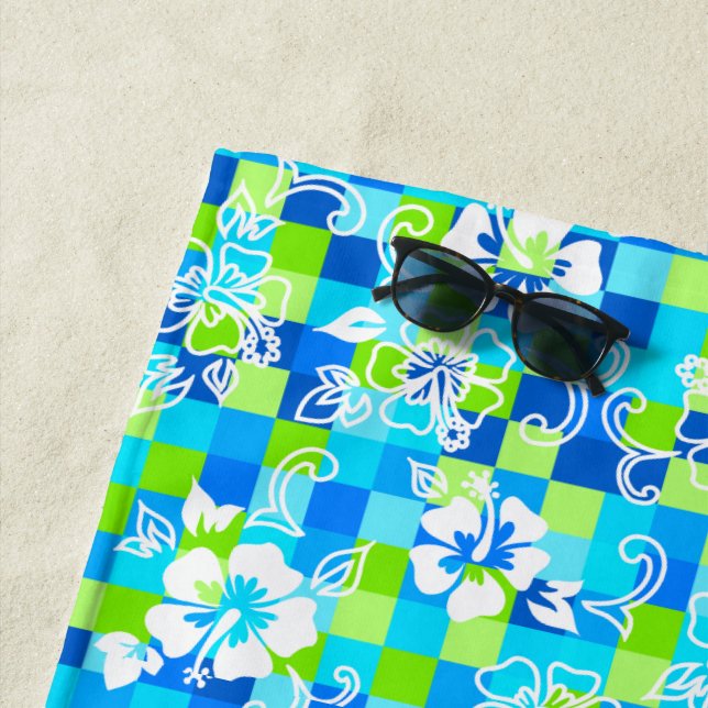 Checkerboard Hibiscus Hawaiian Floral - Turquoise Beach Towel (In Situ)