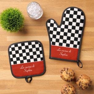 Checkerboard Italian Kitchen Chef with Name Oven Mitt & Pot Holder Set