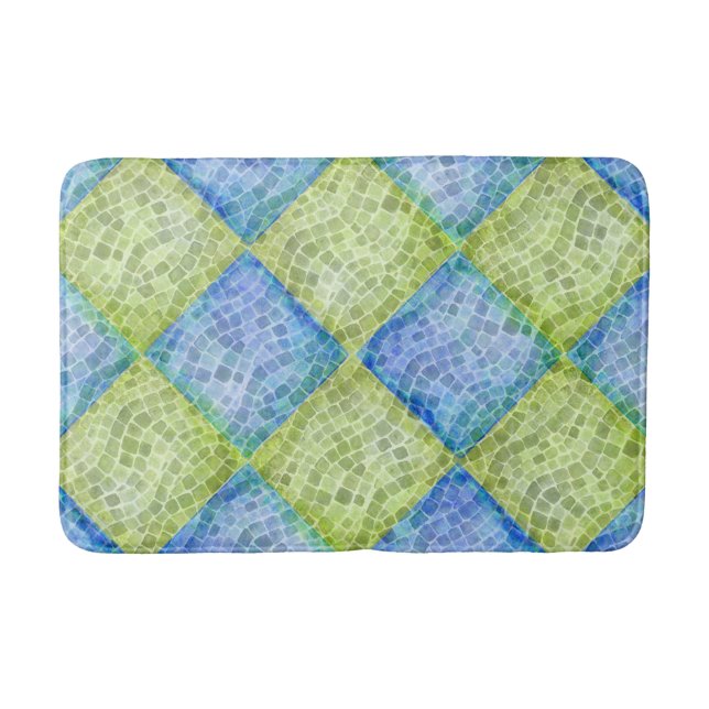 Checkerboard Mosaic Waves in Green and Blue Bath Mat (Front)