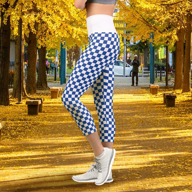 Checkerboard Navy Blue White Capri Leggings (Checkerboard Navy Blue White Capri Leggings)