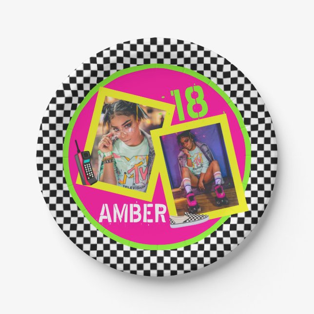 Checkerboard|Neon 80's|90's Hip Hop Birthday Photo Paper Plates (Front)