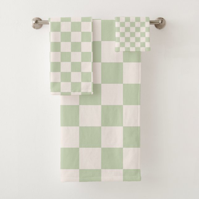 Checkerboard Pastel Green Checkered Sage Check Bath Towel Set (Insitu)