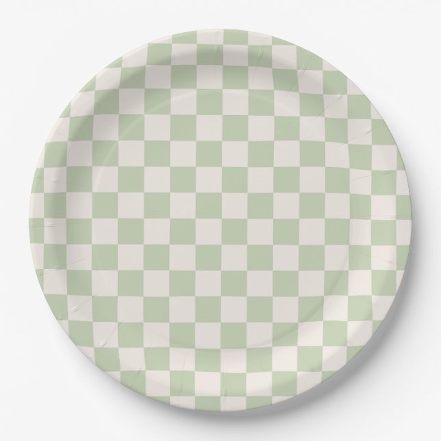 Checkerboard Pastel Green Checkered Sage Check Paper Plates (Front)