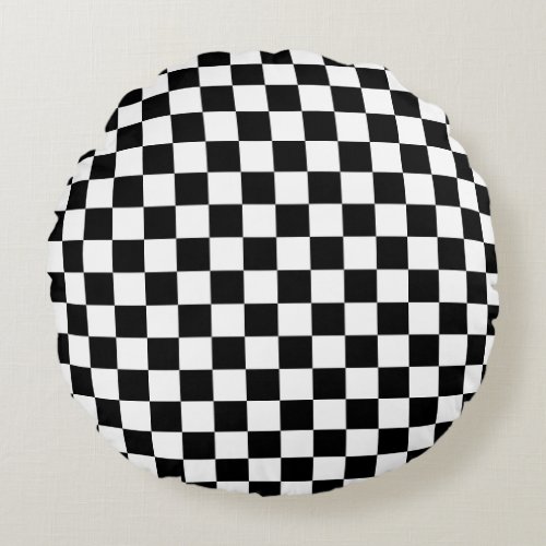 Checkerboard pattern black and white round pillow