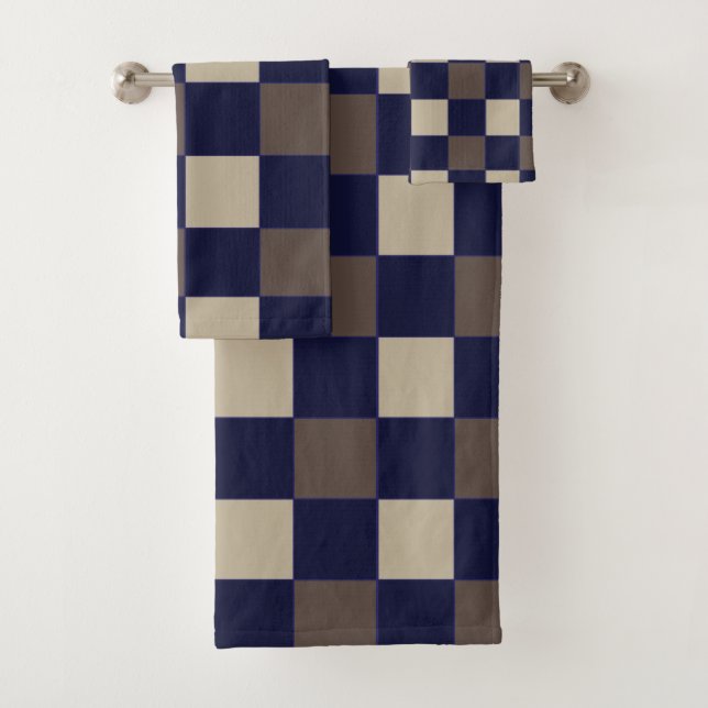 Checkerboard Pattern Dark Blue Brown Checks Bath Towel Set (Insitu)