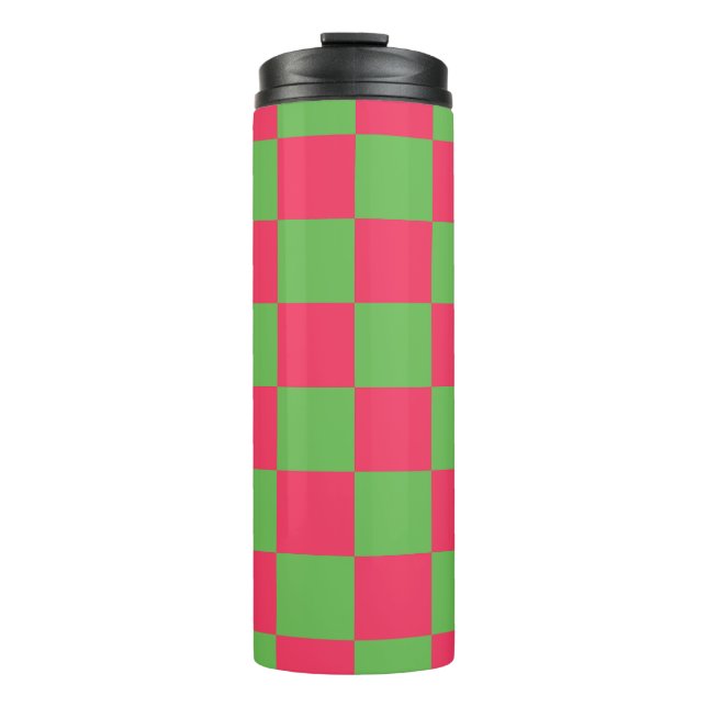 checkerboard pattern green and pink thermal tumbler (Front)
