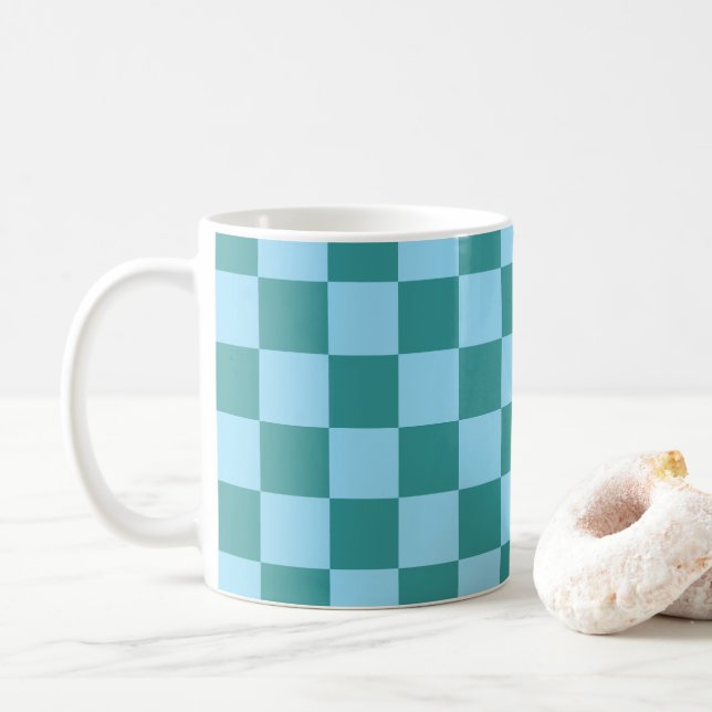 Checkerboard Pattern Green & Blue Coffee Mug (With Donut)