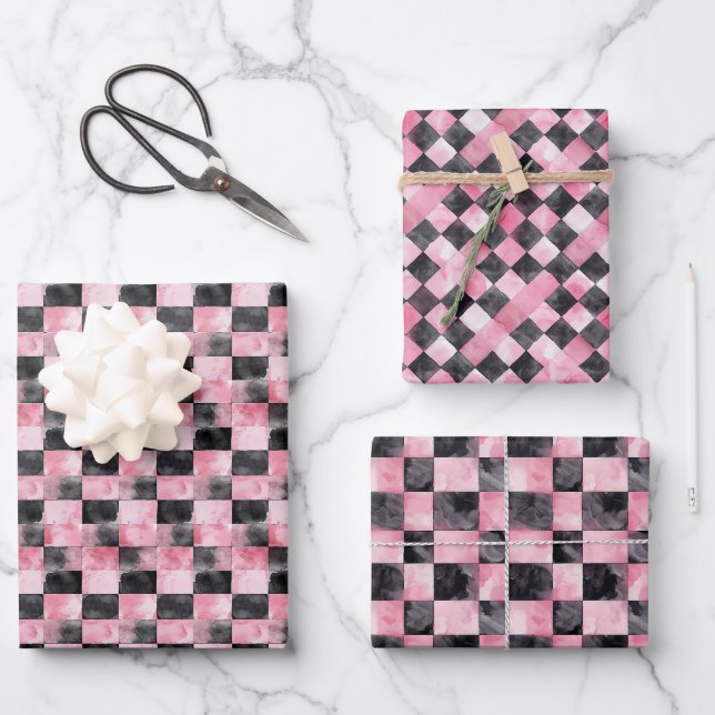Checkerboard Pattern in Soft Black & Pink Tones Wrapping Paper Sheets (Front)
