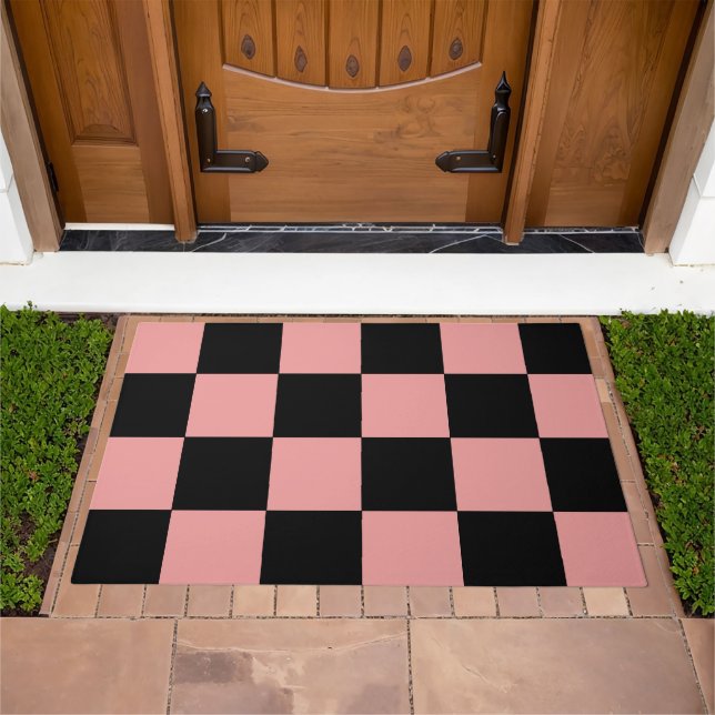 Checkerboard Pattern Pink and Black Doormat (Outdoor)