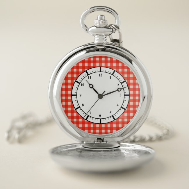 Checkerboard Pattern Red and White Pocket Watch