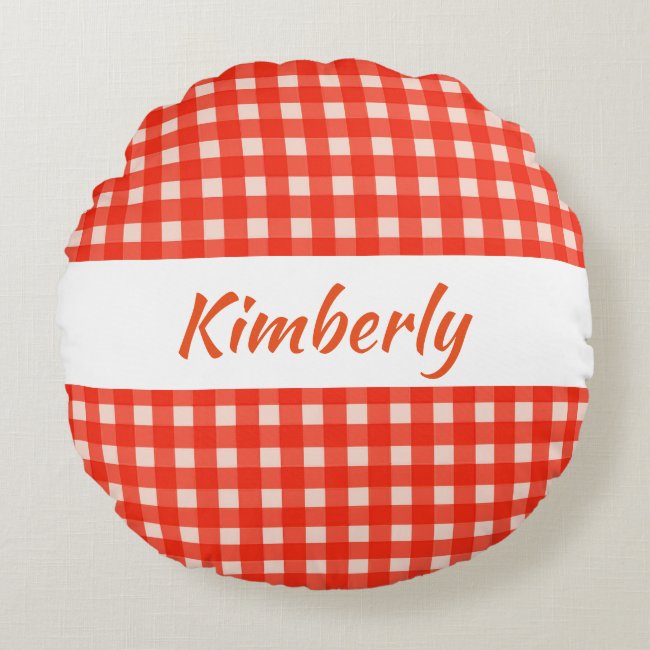 Checkerboard Pattern Red and White Round Pillow
