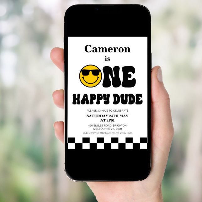 Checkerboard Photo One Happy Dude 1st Birthday Invitation (Front Digital)