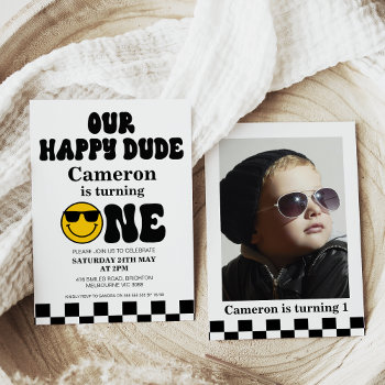 Checkerboard Photo Our Happy Dude 1st Birthday Invitation by Sugar_Puff_Kids at Zazzle