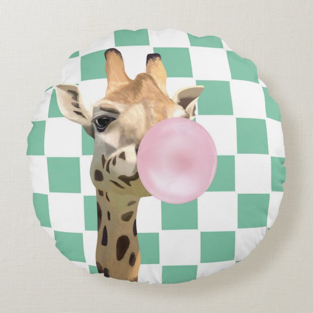 Checkerboard Pink Bubblegum Blowing Giraffe  Round Pillow (Front)
