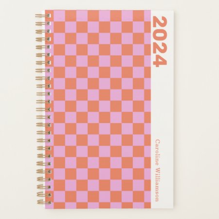 Checkerboard Pink Coral Orange Personalized 2023 Planner