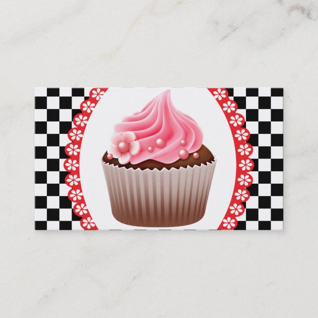 Checkerboard Pink Cupcake Bakery Business Card (Front)