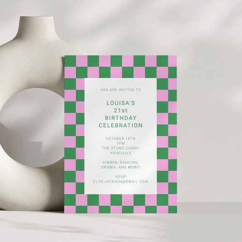 Checkerboard Pink Green Geometric 21st Birthday Invitation