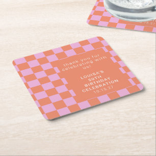 Checkerboard Pink Orange Custom Birthday Thank You Square Paper Coaster