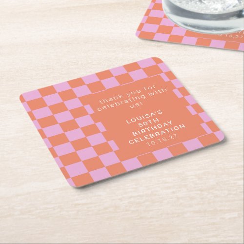 Checkerboard Pink Orange Custom Birthday Thank You Square Paper Coaster