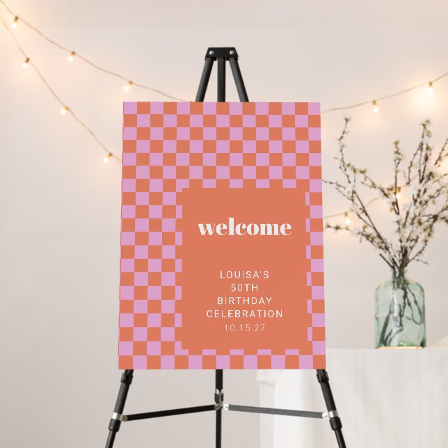 Checkerboard Pink Orange Custom Birthday Welcome Foam Board (In Situ (Stand))